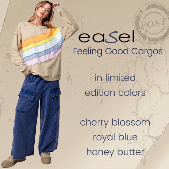 EASEL “Feeling Good Cargos” Mineral Washed Flared Leg, Raw Seams & Hems, Pockets - Picture 5 of 16